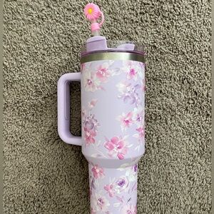 Lavender Floral Insulated Stanley cup with flower straw topper